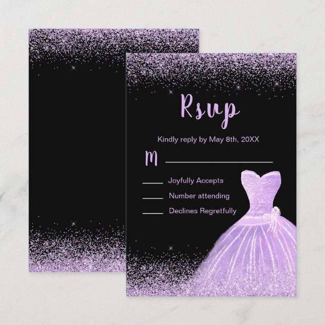 Light Purple Dress Faux Glitter Quinceanera RSVP Card (Front/Back)
