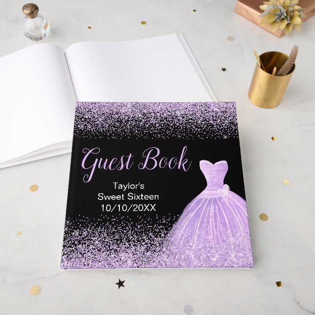 Light Purple Dress Faux Glitter Sweet 16 Birthday Guest Book (Front Open)