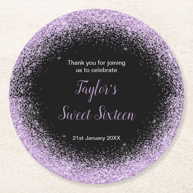Light Purple Dress Faux Glitter Sweet 16 Birthday Round Paper Coaster (Front)