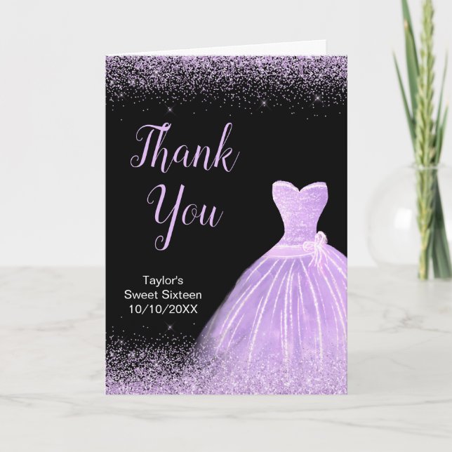 Light Purple Dress Faux Glitter Sweet 16 Birthday Thank You Card (Front)