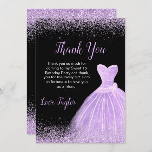 Light Purple Dress Faux Glitter Sweet 16 Birthday Thank You Card