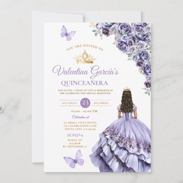 Light Purple Dress Quinceañera 15 Anos Floral Gold Invitation (Front)