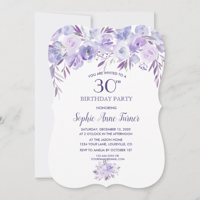 Light Purple Dusty Blue Floral 30th Birthday Party Invitation (Front)