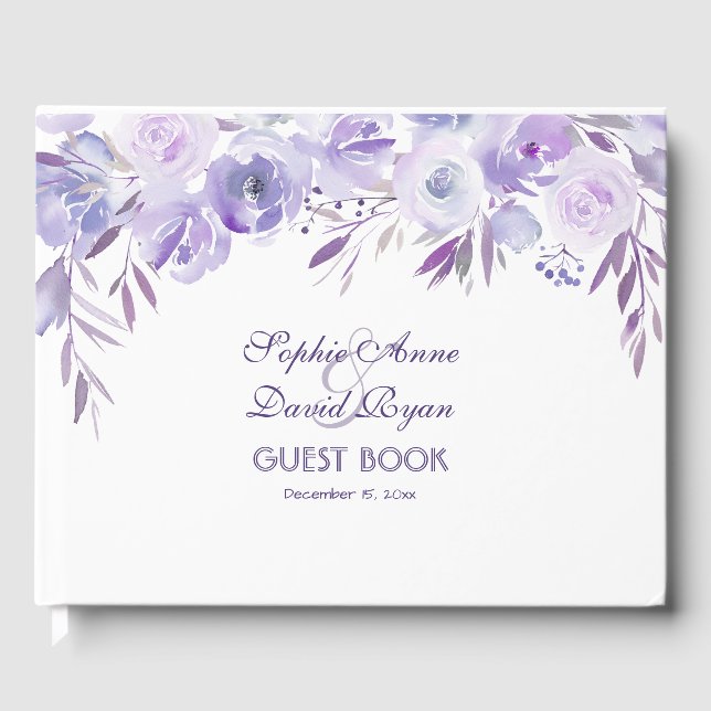 Light Purple Dusty Blue Floral Wedding Guest Book (Front)