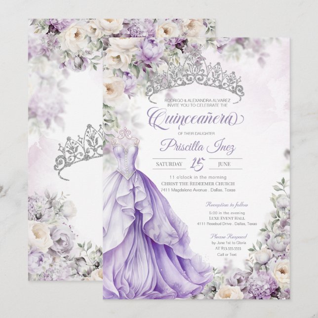 Light Purple Elegant Gown Princess Quinceanera Invitation (Front/Back)