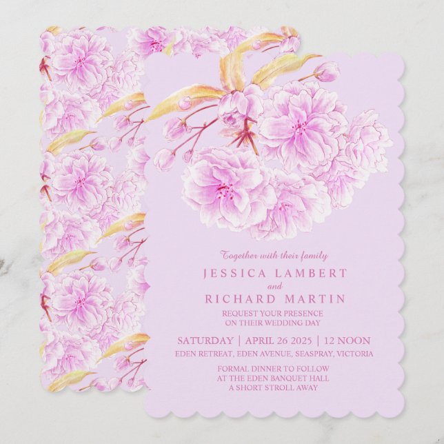 Light purple floral blossom watercolor wedding invitation (Front/Back)