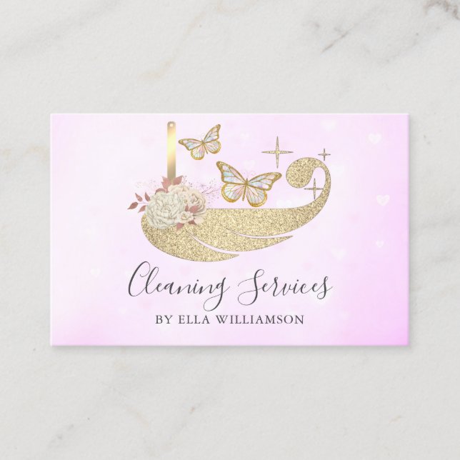 Light Purple Floral Butterfly Housekeeping Cleaner Business Card (Front)