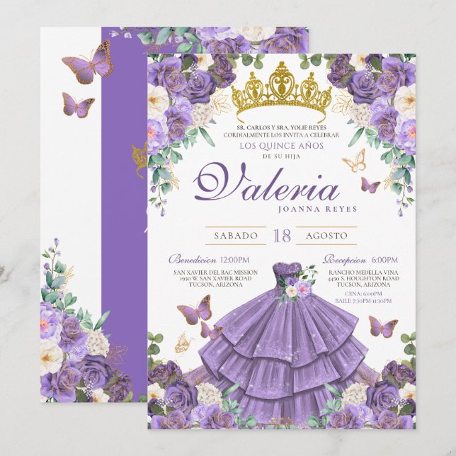 Light Purple Floral Butterfly Princess Quinceanera Invitation (Front/Back)