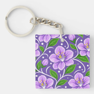 Light Purple Floral Pattern with Green Leaves Key Ring