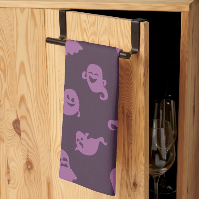 Light Purple Ghosts Dark Purple Halloween Tea Towel (Thirds Fold)