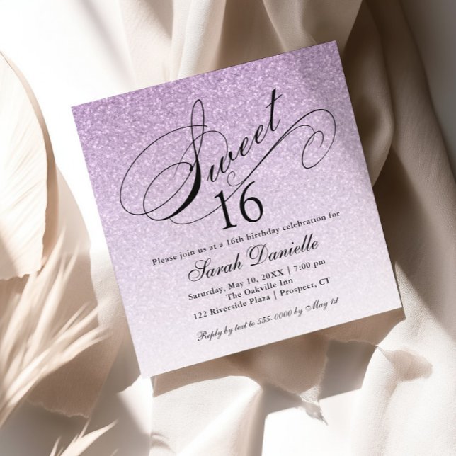 Light Purple Glam Glitter Sweet 16 Square Invitation (Creator Uploaded)