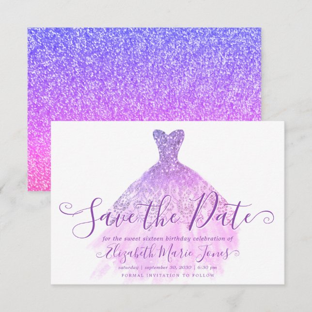 Light Purple Glitter Chic Dress Sweet 16 Birthday Save The Date (Front/Back)
