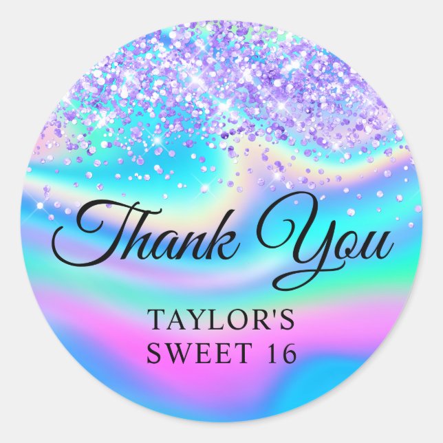 Light Purple Glitter Iridescent Sweet 16 Thank You Classic Round Sticker (Front)