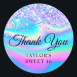 Light Purple Glitter Iridescent Sweet 16 Thank You Classic Round Sticker<br><div class="desc">Create your own Sweet 16 birthday party favour thank you stickers. Girly faux sparkly light violet purple glitter over a faux blue, aqua, pink, magenta and green iridescent rainbow digital art background. Customise the font styles to create your own favour sticker design for her special celebration. A classic elegant calligraphy...</div>