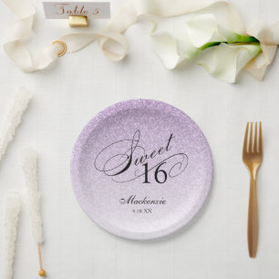 Light Purple Glitter Sweet 16 Personalised Paper Plate