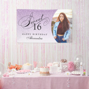 Light Purple Glitter Sweet 16 Personalised Photo Banner