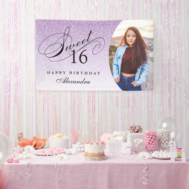 Light Purple Glitter Sweet 16 Personalised Photo Banner (Party)
