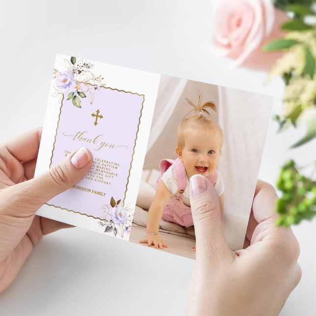 Light Purple Gold Flowers Photo Girl Baptism  Thank You Card (photo thank you baptism, trendy photo baptism thank you, elegant light purple baptism thank you)