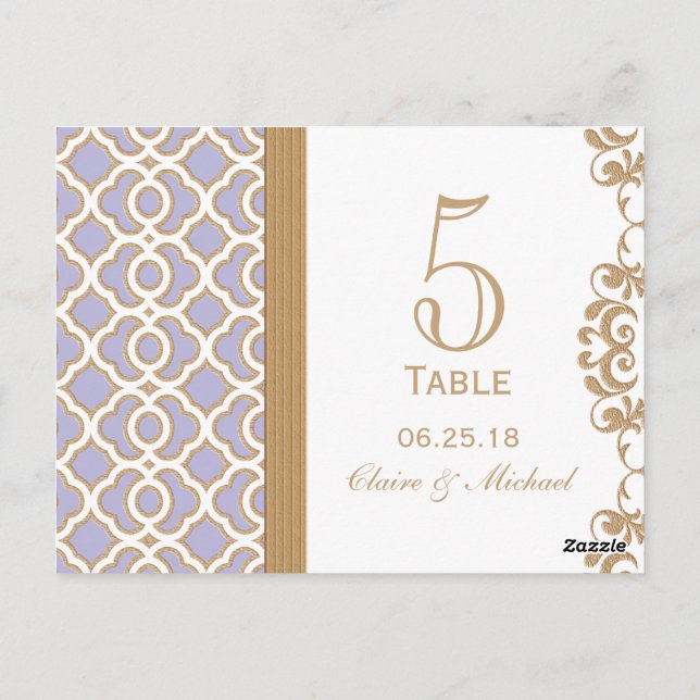 Light Purple Gold Moroccan Wedding Table Number Postcard (Back)