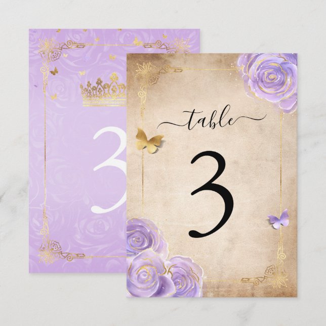 Light Purple Gold Rose Wedding Table Number Cards (Front/Back)
