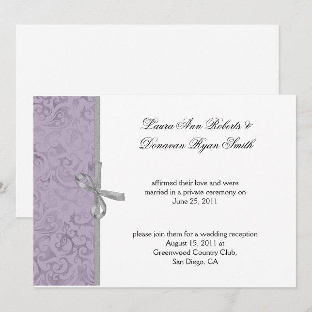 Light Purple Grey White Damask Post Wedding Invitation (Front/Back)