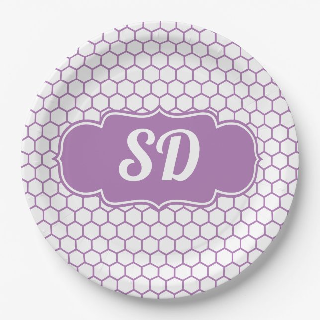 Light Purple Honeycomb Custom Monogram Paper Plate (Front)