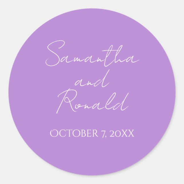 Light Purple Minimalist Calligraphy Wedding Classic Round Sticker (Front)