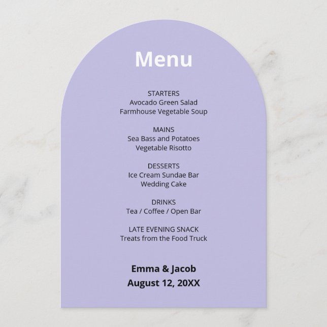 Light Purple Modern Wedding Menu Card (Front)