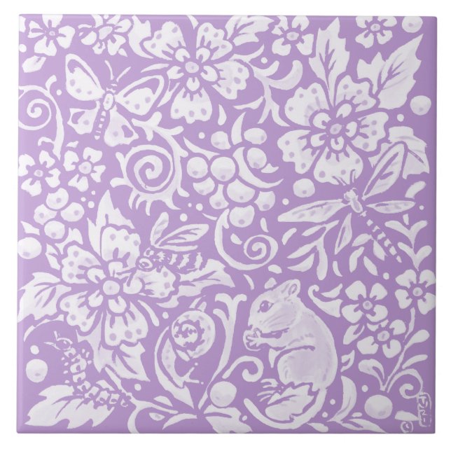 Light Purple Mouse Insects Floral Woodland Nature Tile (Front)