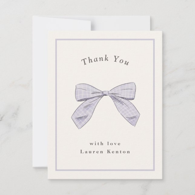 Light Purple Plaid Bow Elegant Baby Shower Thank You Card (Front)