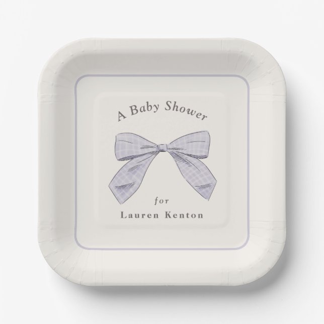 Light Purple Plaid Bow Elegant Neutral Baby Shower Paper Plate (Front)