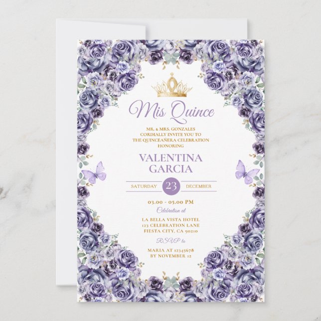 Light Purple Quinceañera 15 Anos Floral Gold Crown Invitation (Front)