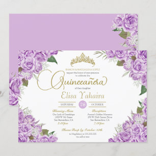Light Purple Rose Floral Gold Tiara Quinceanera Invitation