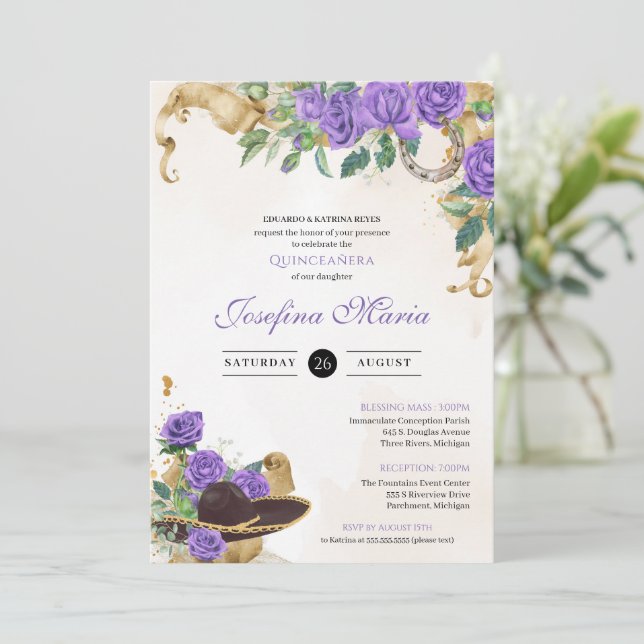 Light Purple Rose Mexicana Mariachi Quinceanera Invitation (Standing Front)