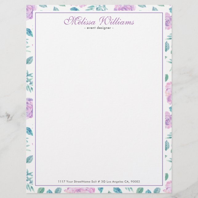 Light Purple Roses Pattern Customized Letterhead (Front)