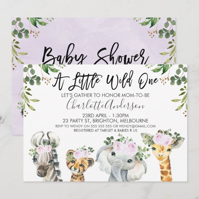 Light Purple Safari Animals Baby Shower Invitation (Front/Back)