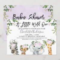 Light Purple Safari Animals Baby Shower Invitation