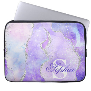 Light Purple & Silver Faux Glitter Agate Monogram Laptop Sleeve
