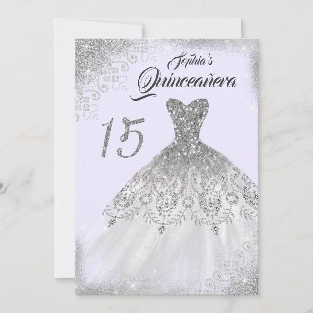 Light Purple Silver Lace Diamond Gown Quinceanera Invitation (Front)