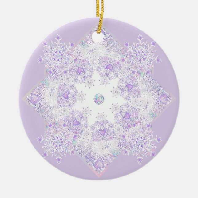 light purple snowflake & glittering heart ceramic tree decoration (Front)