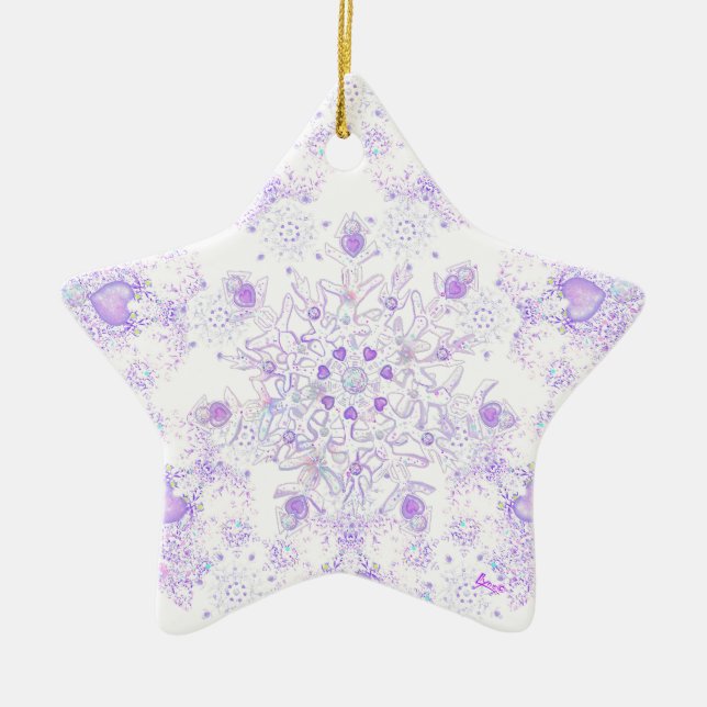 light purple snowflake & glittering heart ceramic tree decoration (Front)