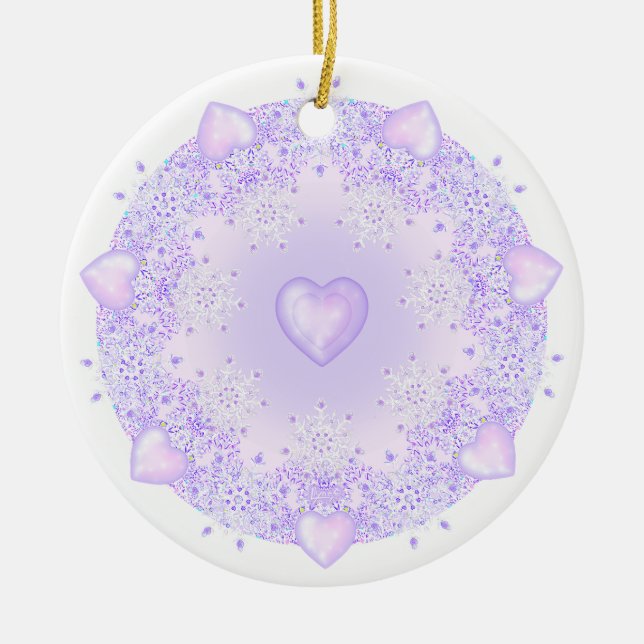 light purple snowflake & glittering heart ceramic tree decoration (Front)