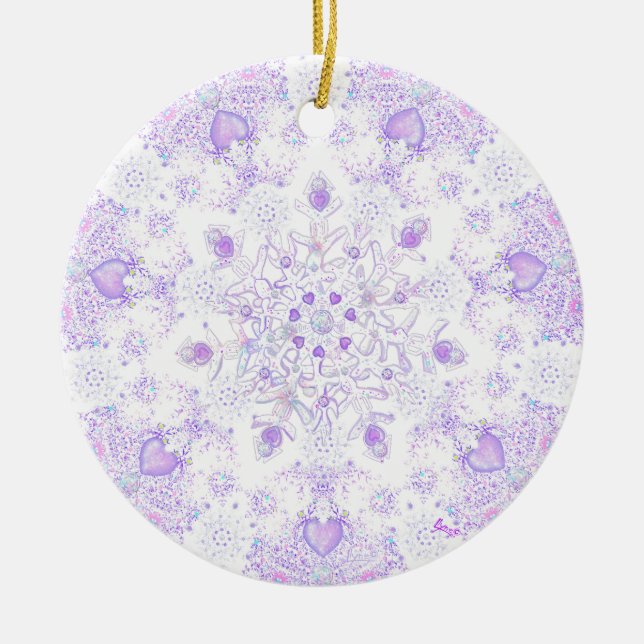 light purple snowflake & glittering heart ceramic tree decoration (Front)