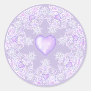 light purple snowflake & glittering heart classic round sticker