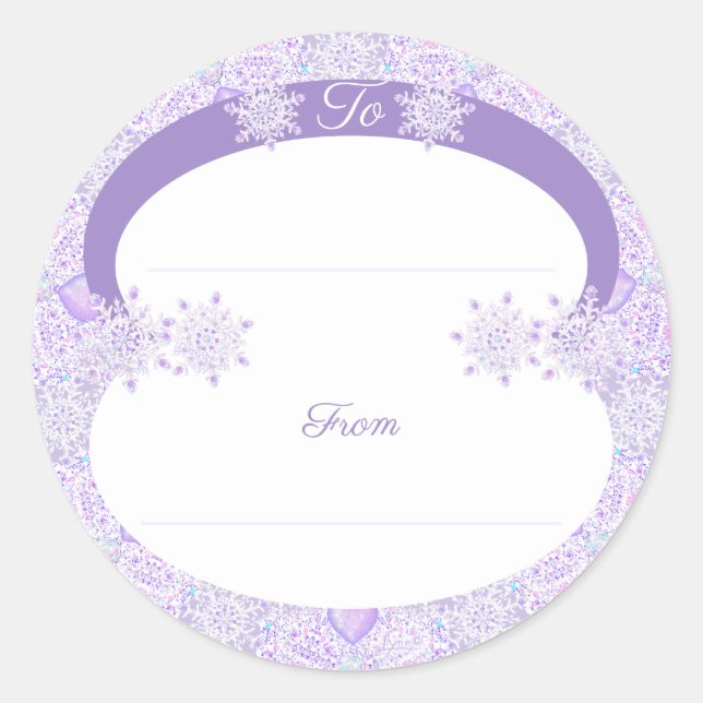 light purple snowflake & glittering heart classic round sticker (Front)