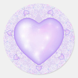 light purple snowflake & glittering heart classic round sticker