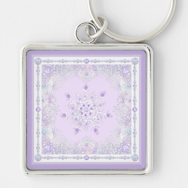 light purple snowflake & glittering heart key ring (Front)