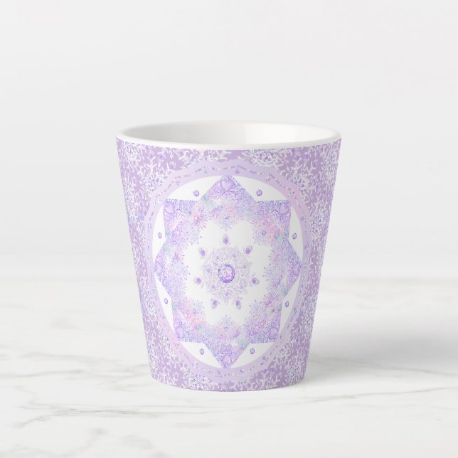 light purple snowflake & glittering heart latte mug (Front)