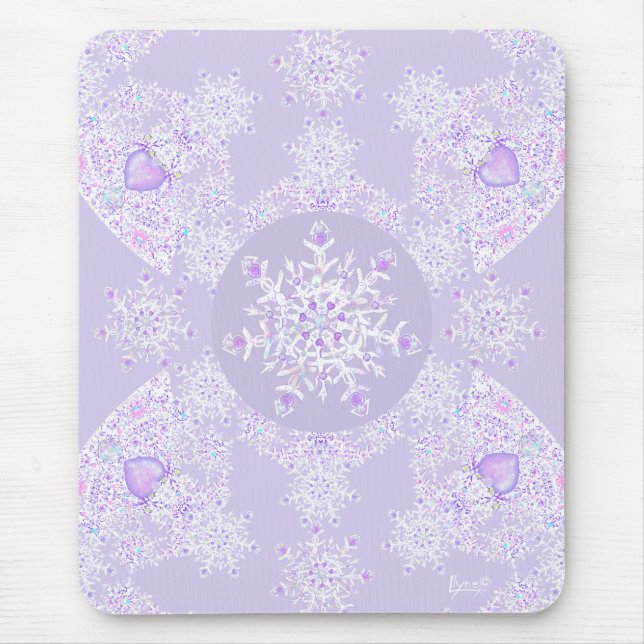 light purple snowflake & glittering heart mouse mat (Front)