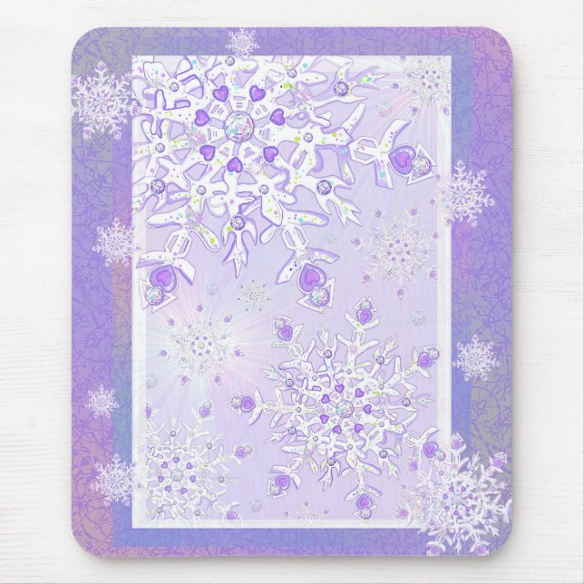light purple snowflake & glittering heart mouse mat (Front)